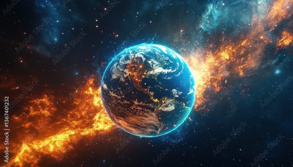 Fototapeta premium Fiery and Icy Cosmic Earth: Digital Art of a Glowing Planet in Space