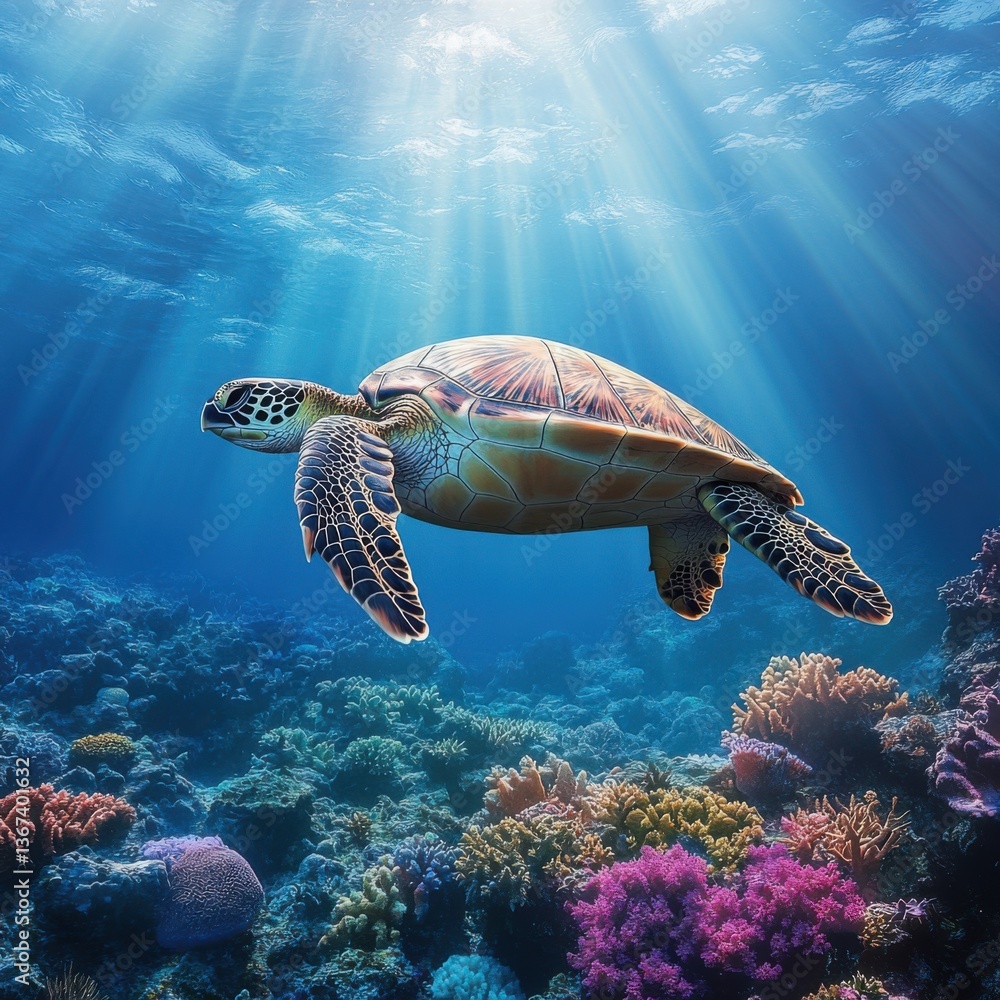 Obraz premium Sea Turtle Swimming in Vibrant Coral Reef Under Bright Sunlight