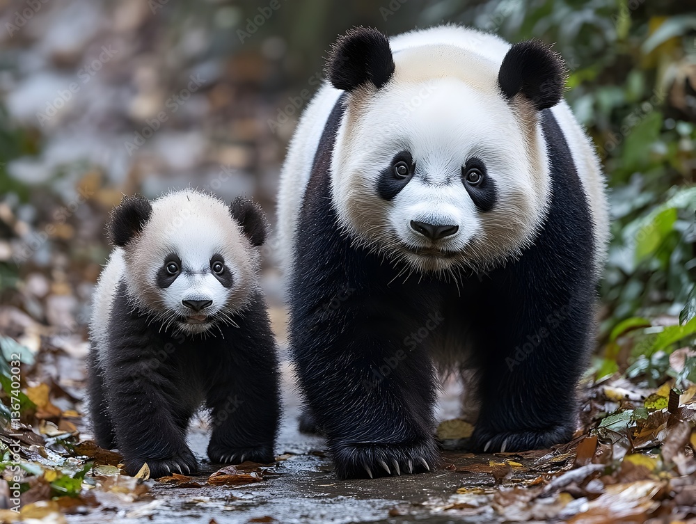 Obraz premium An adult giant panda and her adorable cub walk together on a forest path, showcasing their black and white fur in a tranquil natural setting.