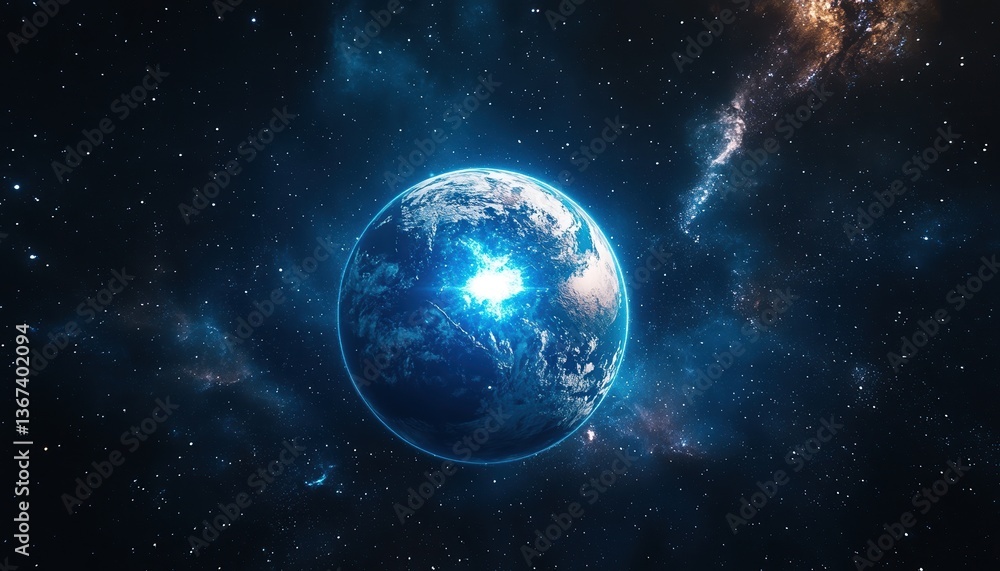 Glowing Blue Planet in a Dark Nebula Space Scene Glowing Blue Planet in a Dark Nebula Space Scene