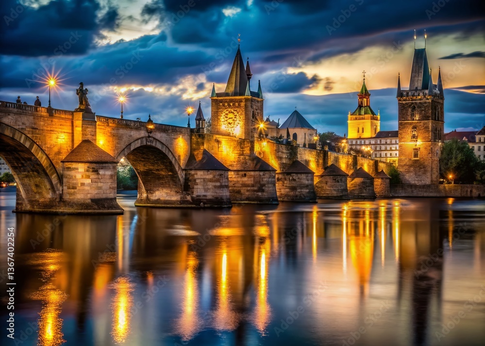 Charles Bridge Prague Night Low Light Photography - Dramatic Cityscape Charles Bridge Prague Night Low Light Photography - Dramatic Cityscape