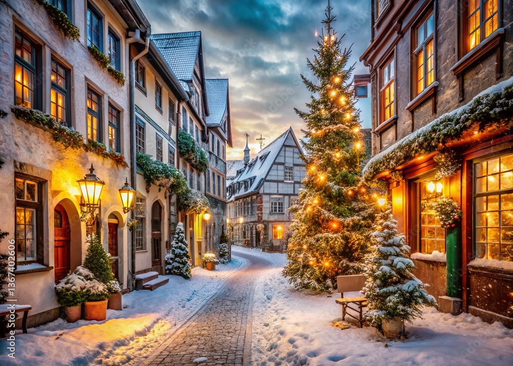 Obraz premium Charming Christmas Street Scene, Old European Town - Festive Holiday Lights and Snow
