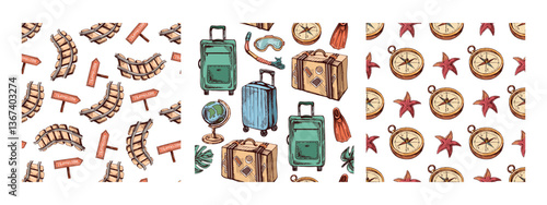 Set of seamless travel patterns with road signs, railway tracks, suitcase, diving mask, flippers and globe in hand drawn sketch vintage style