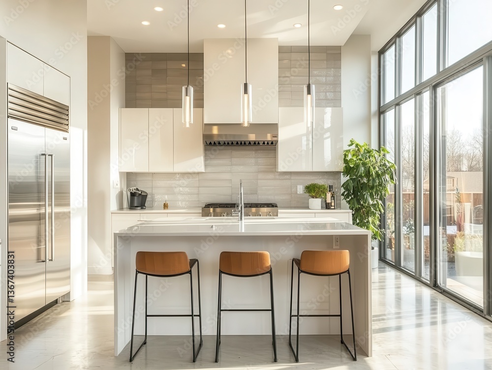 Fototapeta premium Modern Kitchen Interior Design with Large Windows and Island