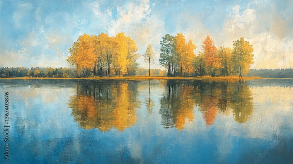 Obraz premium Autumn trees reflected in calm lake waters under a bright blue sky with scattered white clouds.