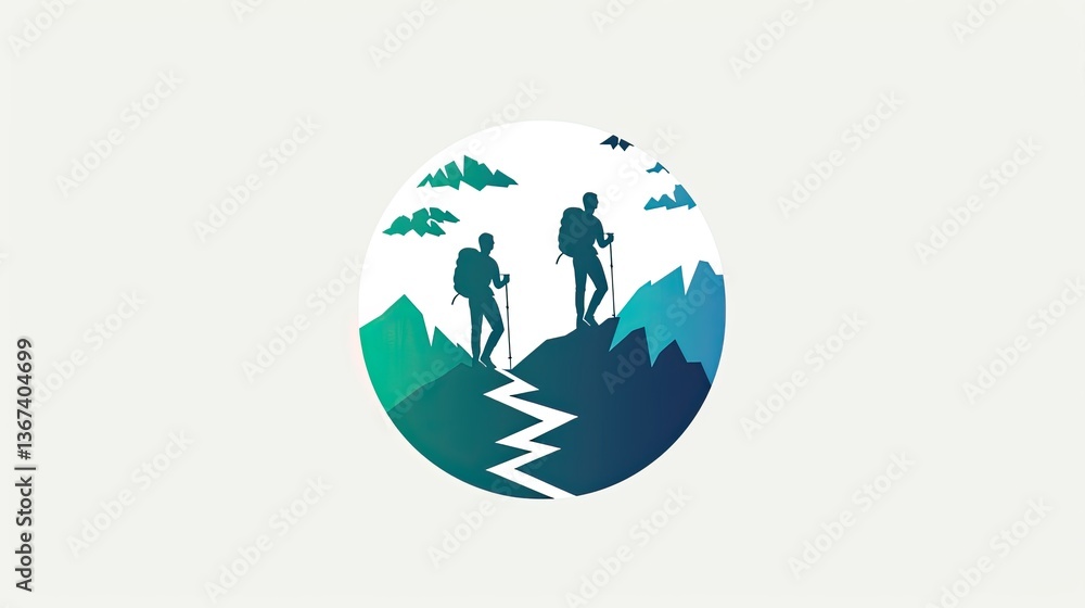 Fototapeta premium Logo design featuring mountain hikers in the background of green mountains and blue sky