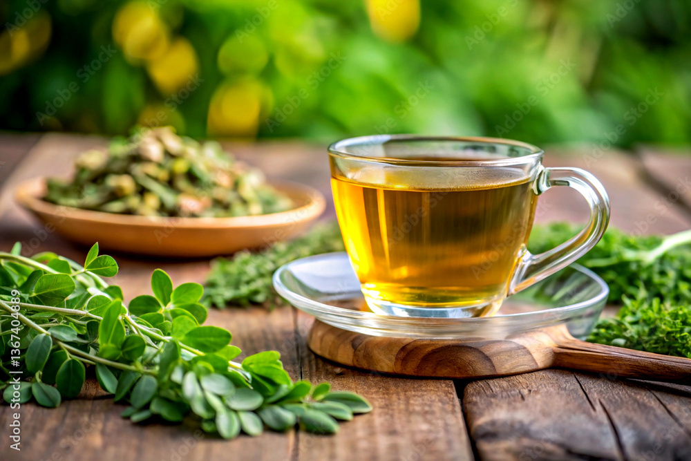 Herbal tea in a cup and fresh herbs on a wooden table. Created with AI Generative Herbal tea in a cup and fresh herbs on a wooden table. Created with AI Generative