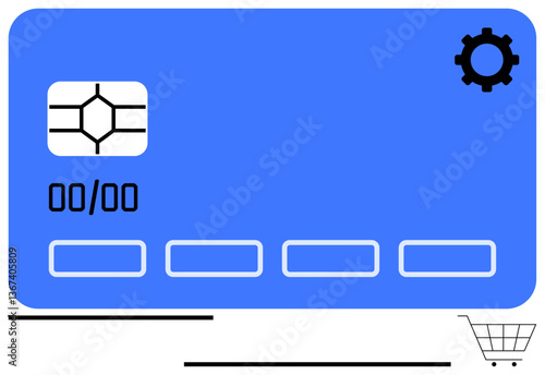 Credit card design with chip, expiration field, gear icon for settings, and shopping cart. Ideal for finance, e-commerce, digital payment, online transaction, banking tools fintech innovation flat