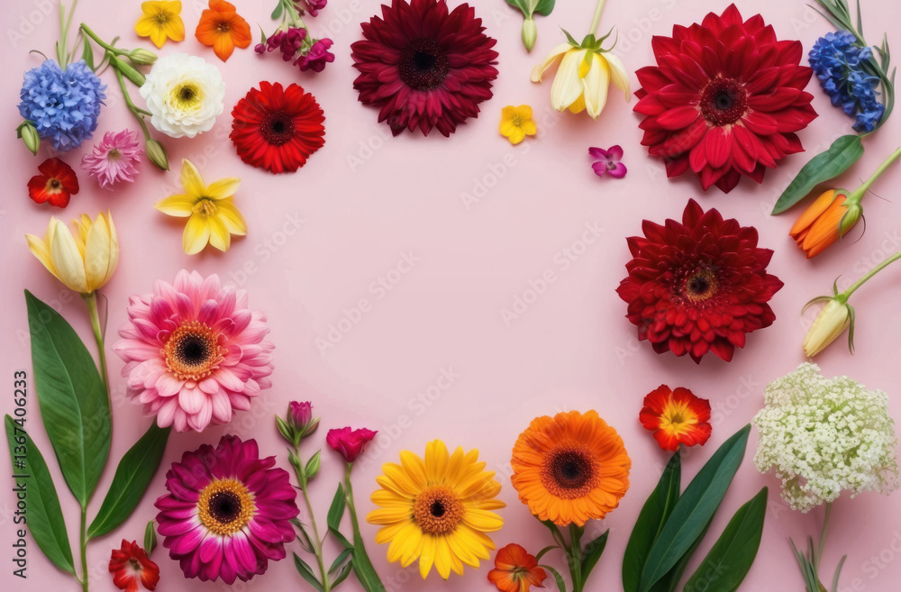 A flat lay floral greeting card template a beautiful arrangement of various flowers, for sending heartfelt messages. A flat lay floral greeting card template a beautiful arrangement of various flowers, for sending heartfelt messages.
