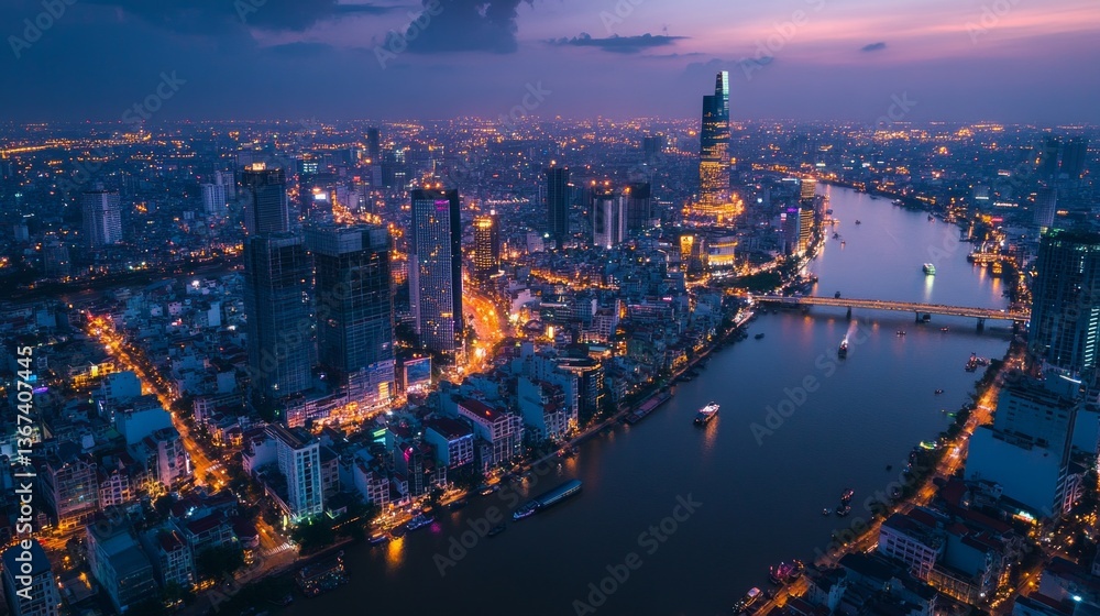 Obraz premium Nighttime aerial view of ho chi minh city skyline vietnam cityscape photography urban landscape panoramic perspective