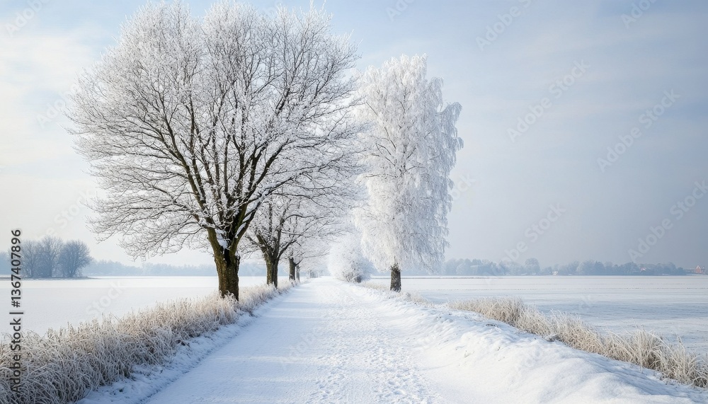 Snowy Path Through a Frosty Winter Field Snowy Path Through a Frosty Winter Field