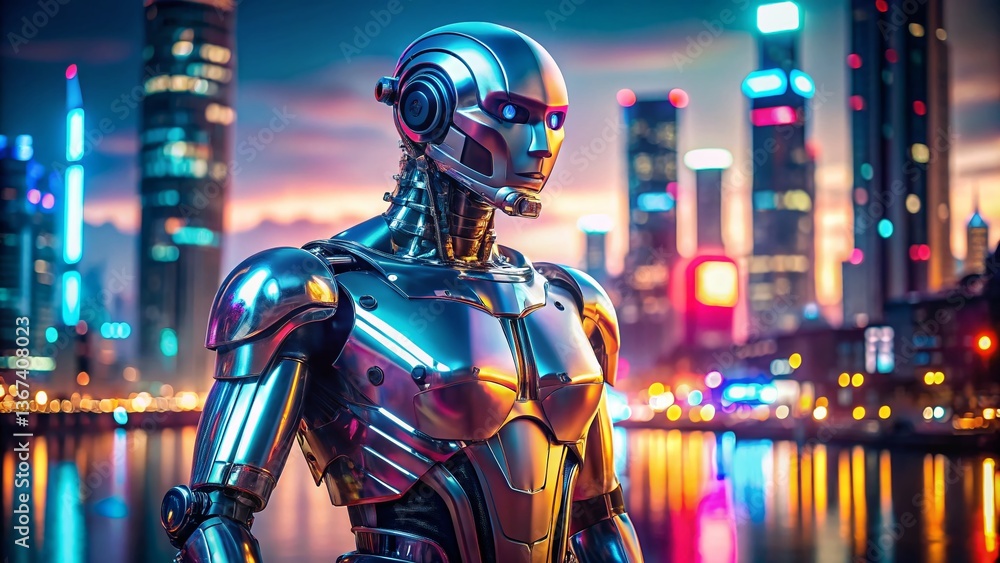 Chrome Robot Night Cityscape Profile View - Futuristic Sci-Fi Stock Photo Chrome Robot Night Cityscape Profile View - Futuristic Sci-Fi Stock Photo