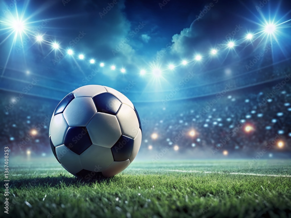 Naklejka premium Cinematic Night Soccer Ball Background: Left-Positioned Ball with Copy Space