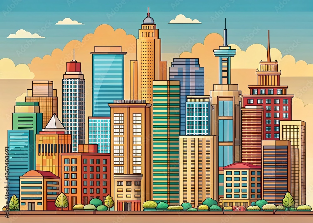 Obraz premium City Skyline Drawing, Urban Landscape Sketch, Architect Design, Creative Illustration, Architecture Artwork