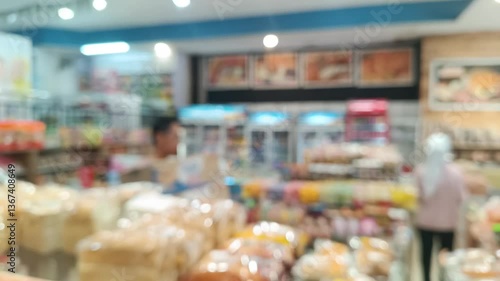 Artistic blur showcasing bustling grocery retail, indistinct shapes creating a dreamlike atmosphere of commerce and consumerism at peak time