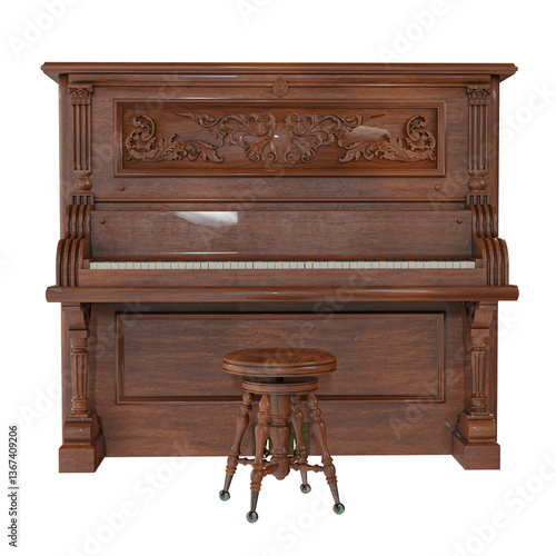 Canvas Print 3D rendered antique upright piano isolated on transparent background