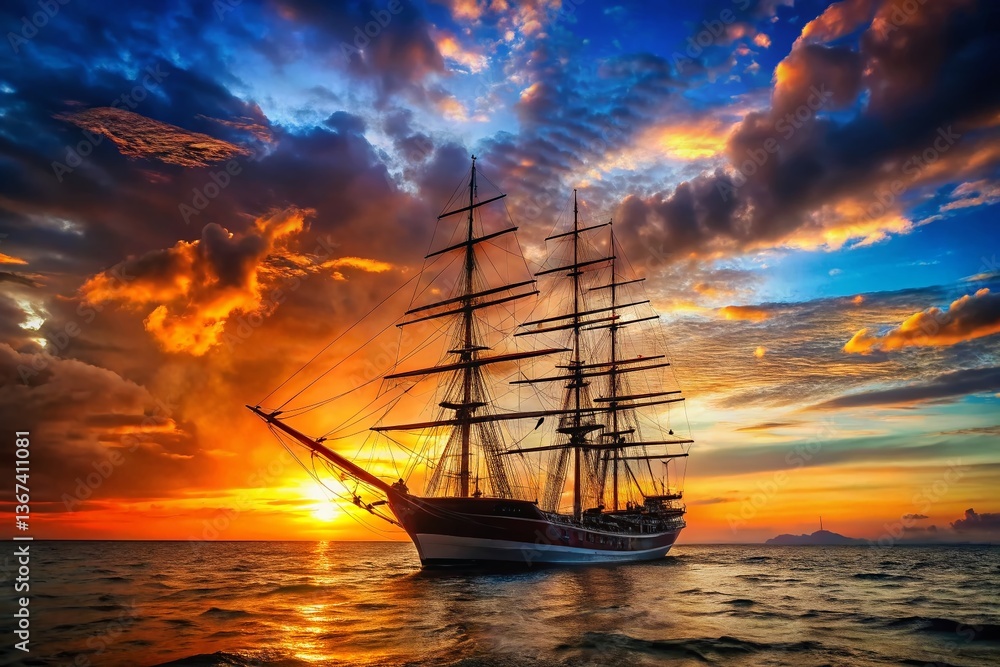 Fototapeta premium Clipper Ship Silhouette at Sunset, Nautical Logo Design Inspiration
