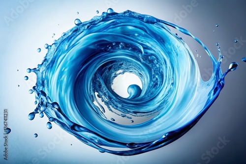Clockwise Spiral of Blue Liquid, Abstract Swirl, Panoramic White Background, Dynamic Fluid Art