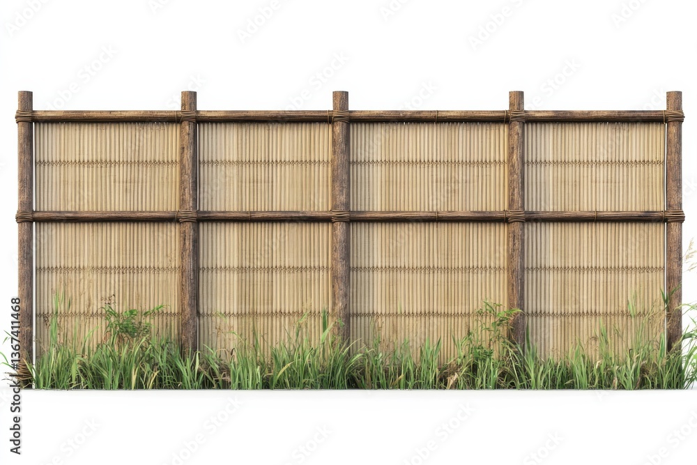 Natural bamboo wall surrounded by lush green grass in a tranquil outdoor setting isolated on transparent background Natural bamboo wall surrounded by lush green grass in a tranquil outdoor setting isolated on transparent background