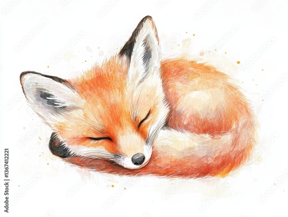 Obraz premium Sleeping Red Fox Cub Watercolor Painting