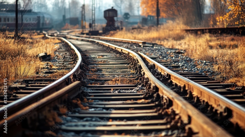 Obraz premium railway track curving through an autumnal landscape evoking journeys exploration and the passage of time with warm golden hues and soft focus