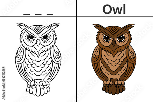 Owl coloring pages for kids and learn to recognize letters, animal recognition card media for various games in early childhood learning