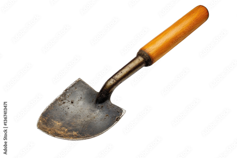 Rustic gardening trowel with wooden handle resting on a white surface showcasing its worn charm isolated on transparent background Rustic gardening trowel with wooden handle resting on a white surface showcasing its worn charm isolated on transparent background