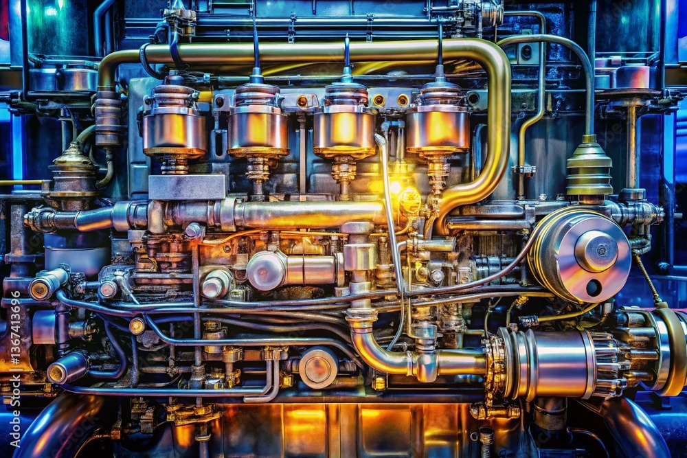 Close-up Diesel Engine Fuel System Repair: Common Rail Injectors & Pipeline Close-up Diesel Engine Fuel System Repair: Common Rail Injectors & Pipeline