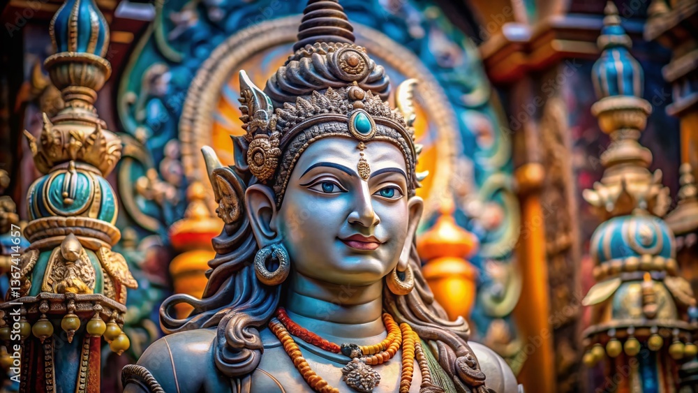 Fototapeta premium Close-up Horizontal Image of Lord Shiva Statue in Hindu Temple - Copy Space