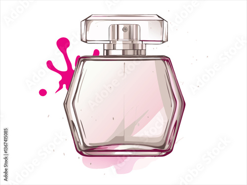 A pink glass perfume bottle, isolated on white, holds a luxury liquid spray