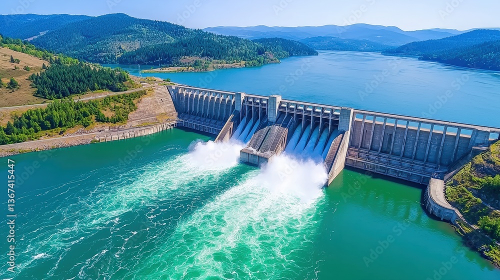 A stunning aerial view of a dam releasing water into a turquoise reservoir, surrounded by lush greenery and mountains in the background, Green Technology. A stunning aerial view of a dam releasing water into a turquoise reservoir, surrounded by lush greenery and mountains in the background, Green Technology.