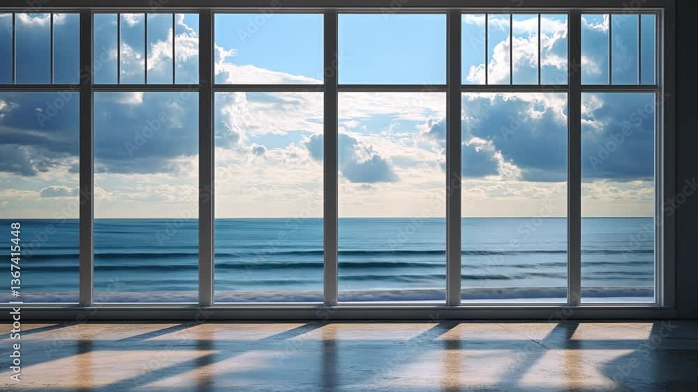 Serene Ocean View from Modern Window: A Coastal Relaxation Scene with Tranquil Sea Serene Ocean View from Modern Window: A Coastal Relaxation Scene with Tranquil Sea