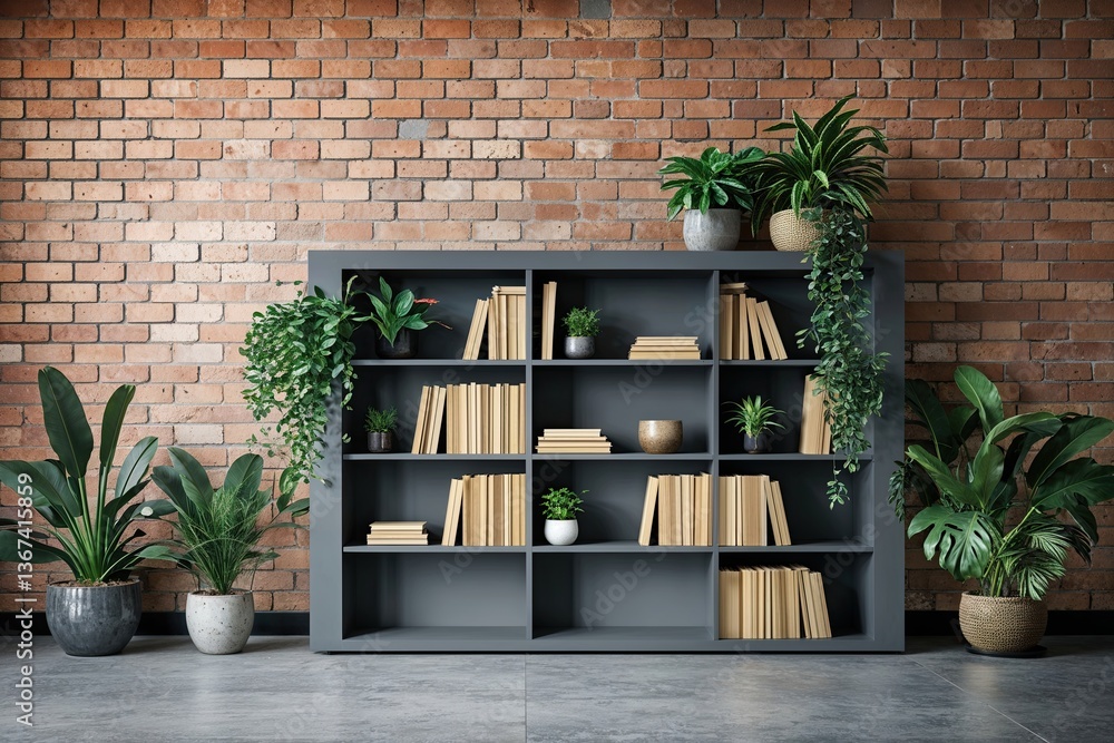 Modern Brick Wall with Stylish Bookshelf and Diverse Plants for Contemporary Interior Design