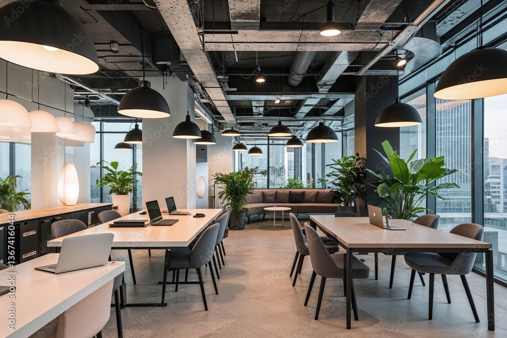 Bright Spacious Office Co-Working Area with Sophisticated Design and Illuminated Surroundings Bright Spacious Office Co-Working Area with Sophisticated Design and Illuminated Surroundings