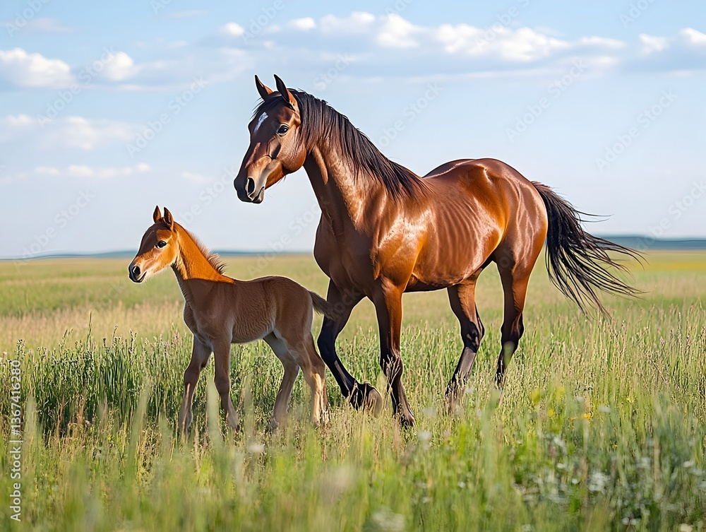 Fototapeta premium A beautiful chestnut mare and her newborn foal gently stroll across a vibrant green pasture under a bright summer sky.
