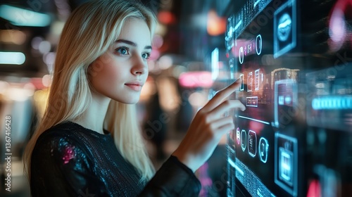 Young Blonde Woman Using a Futuristic Digital Interface in a Fashion Store – A High-Tech Shopping Experience with Online Ordering and Product Interaction