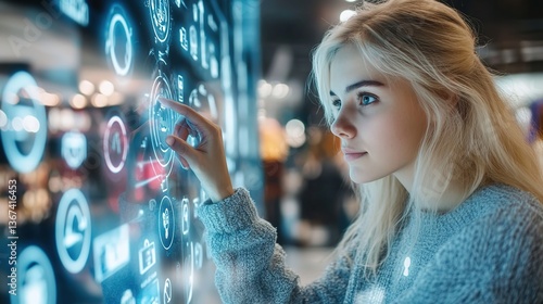 Young Blonde Woman Using a Futuristic Digital Interface in a Fashion Store – A High-Tech Shopping Experience with Online Ordering and Product Interaction