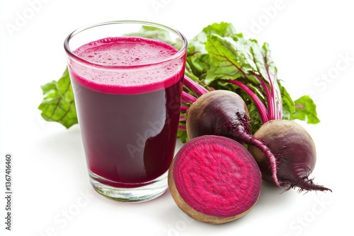 Refreshing beetroot juice with fresh beetroots and greens on a clean white background isolated on transparent background