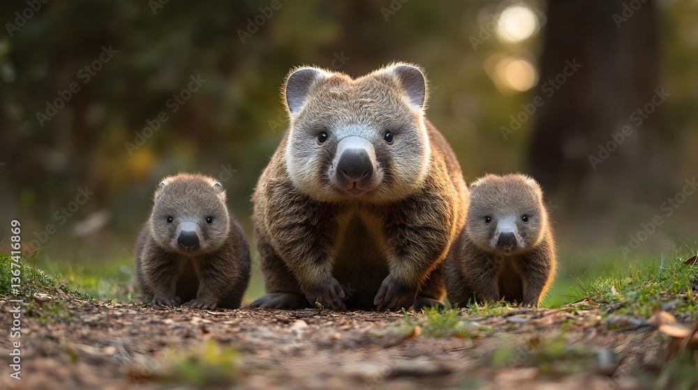 Fototapeta premium A mother wombat and her two adorable babies pose for a heartwarming family portrait in their natural woodland habitat.