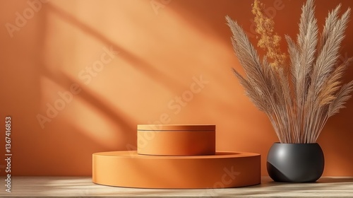 Wallpaper Mural Orange podium with pampas grass against orange wall. Torontodigital.ca