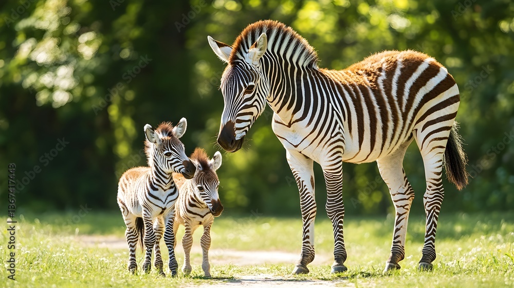 Fototapeta premium A mother zebra and her two adorable foals stand together on a grassy path in a lush green forest.