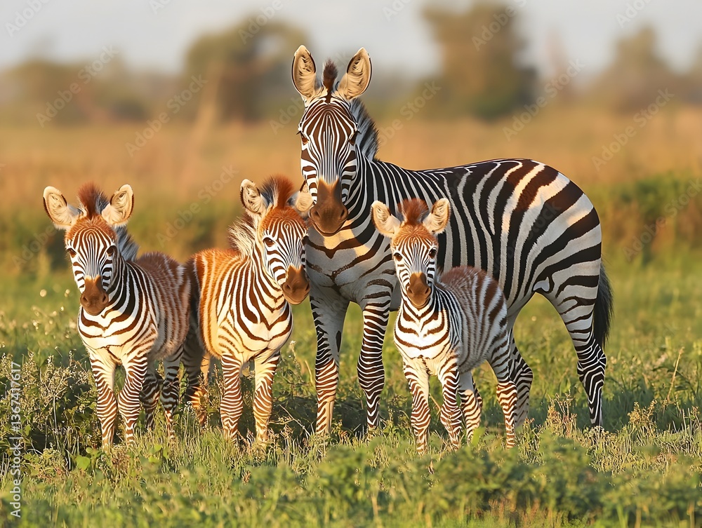 Fototapeta premium A female zebra stands protectively with her three adorable foals in the golden African savanna at sunset.