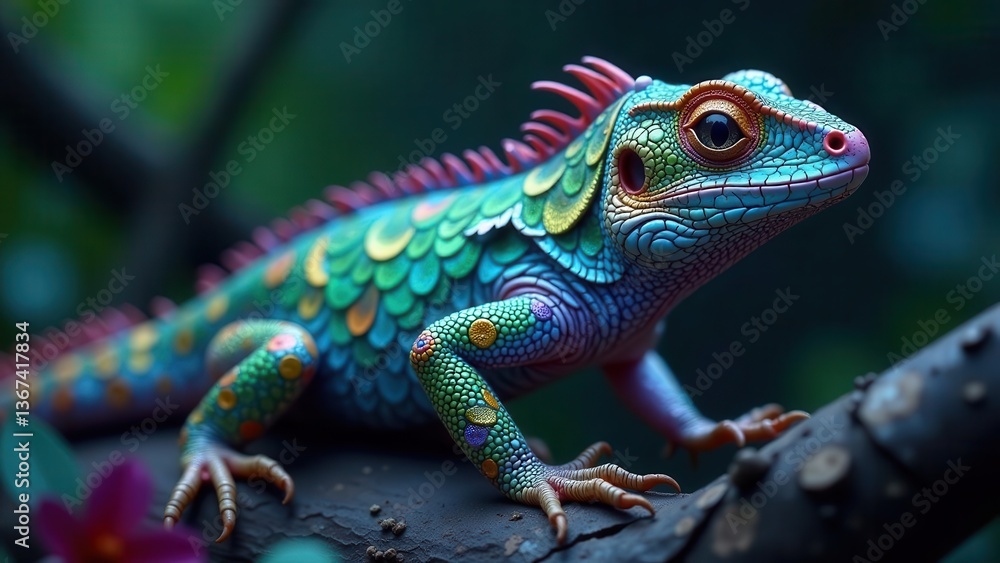 Vibrant iridescent lizard perched on a dark branch, displaying intricate scales and striking colors in a lush, mysterious environment Vibrant iridescent lizard perched on a dark branch, displaying intricate scales and striking colors in a lush, mysterious environment