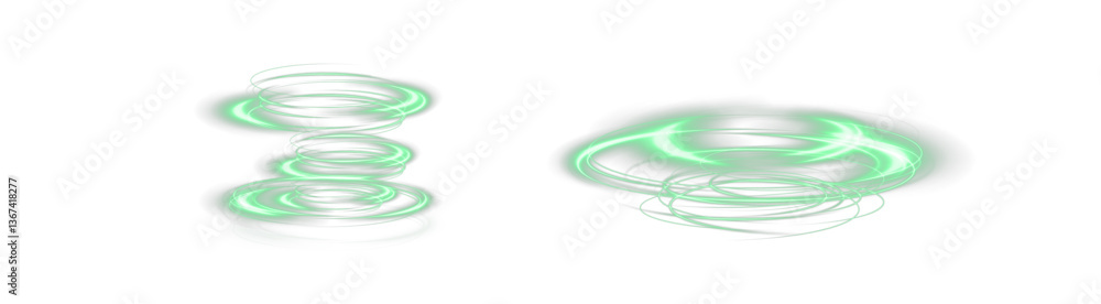 Fototapeta premium Fresh wind png swirls with green leaves and glitter and neon green lines. vibrant, futuristic light trail with swirling green neon waves, glowing twirl PNG, sparkling energy.
