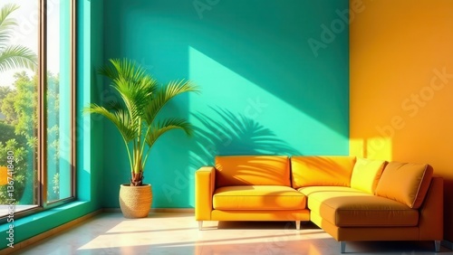 Wallpaper Mural Vibrant Yellow Sectional Sofa in a Sunlit Room with Teal Walls and Tropical Plant Torontodigital.ca