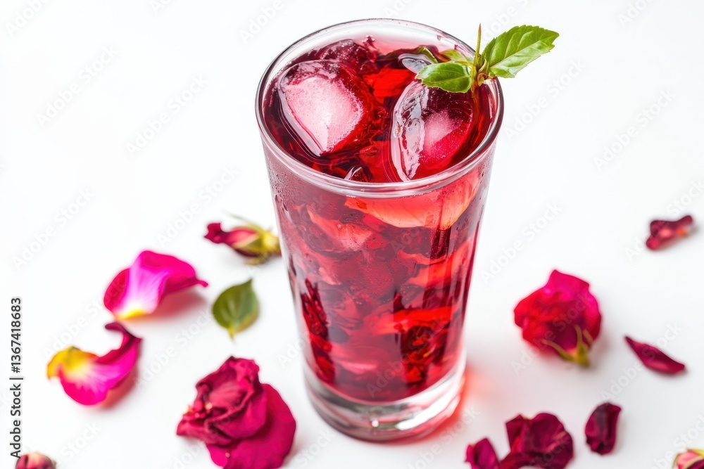 Refreshing herbal beverage adorned with rose petals on a white background in bright lighting isolated on transparent background Refreshing herbal beverage adorned with rose petals on a white background in bright lighting isolated on transparent background