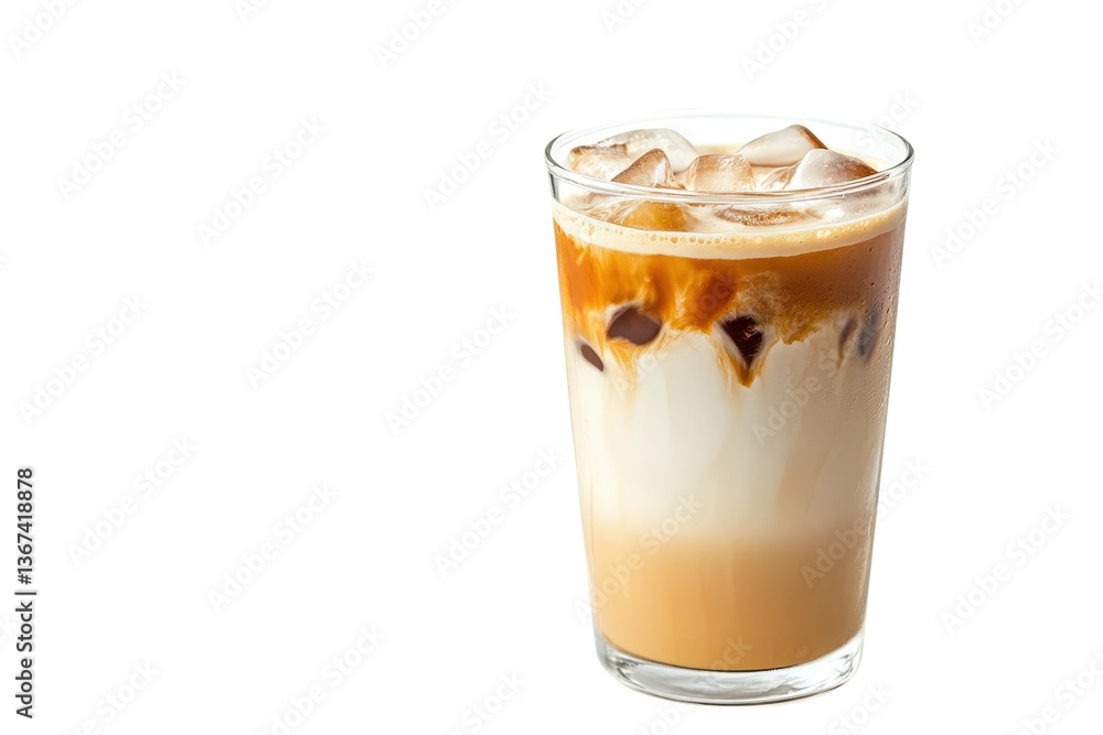 Chilled coffee delight with layers of cream and ice served in a clear glass on a bright surface isolated on transparent background Chilled coffee delight with layers of cream and ice served in a clear glass on a bright surface isolated on transparent background