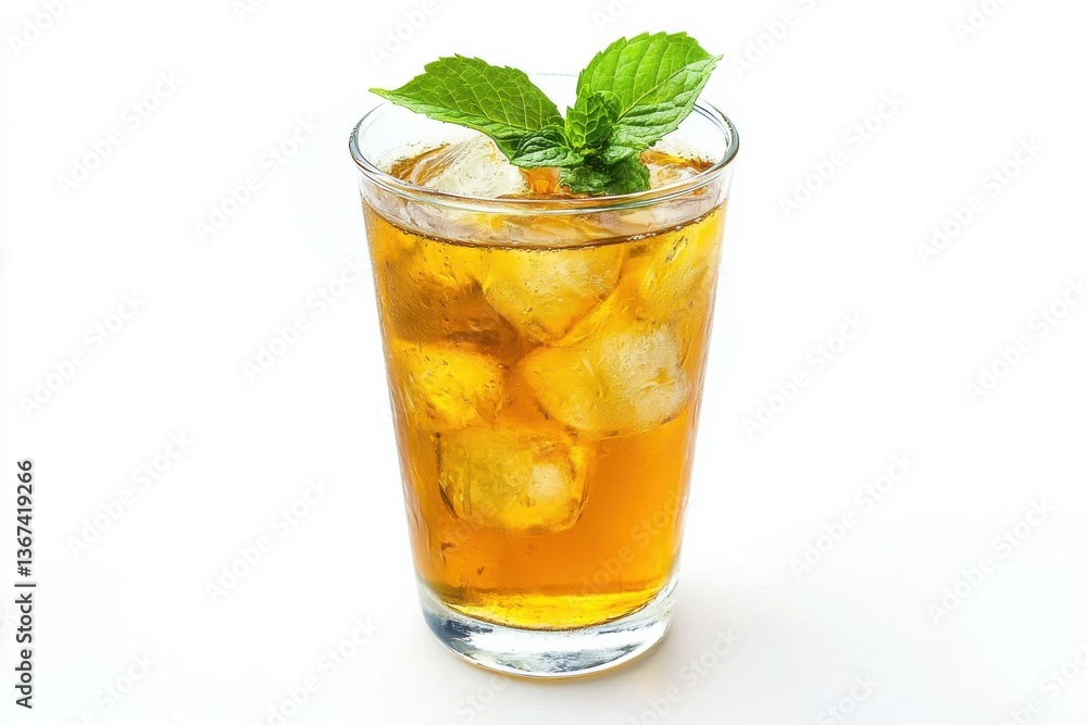 Refreshing iced tea served with mint leaves in a clear glass, perfect for summer days isolated on transparent background Refreshing iced tea served with mint leaves in a clear glass, perfect for summer days isolated on transparent background