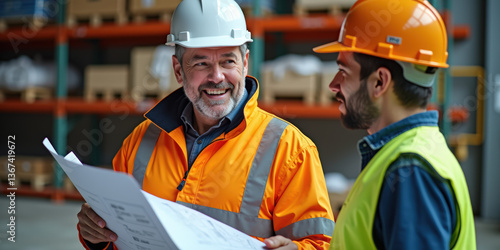 Two male construction workers, one older with gray hair, the other younger with a beard, discuss blueprints in a warehouse, both wearing helmets and safety gear, smiling and engaged