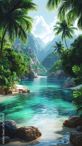 Lush Tropics with Palm Trees  Turquoise River  and Majestic Mountains